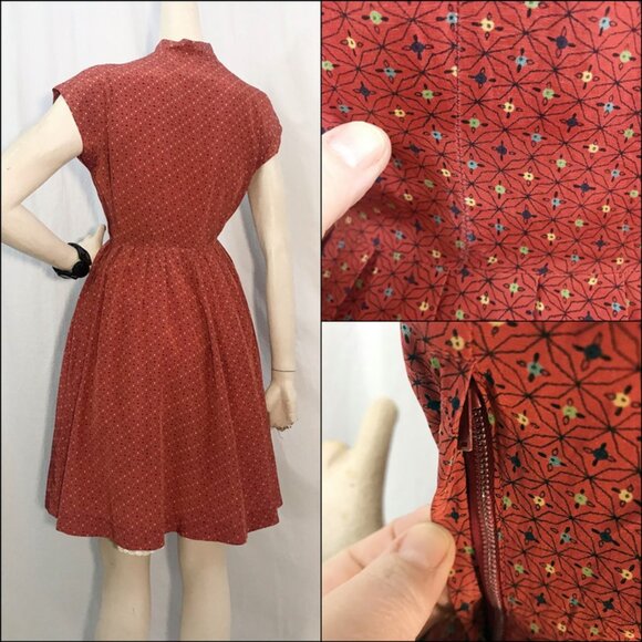 Vintage Dress 1950s 50s Starburst Print Rayon Full Skirt Orange Rockabilly - Picture 7 of 7